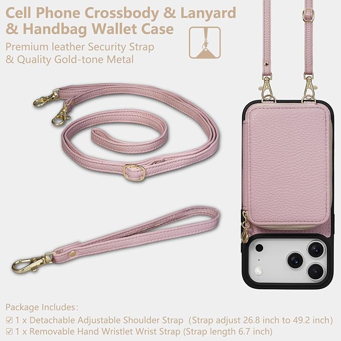 Keallce Case for iPhone 17 Pro Max 6.9'' Case Wallet, Crossbody Zipper Purse with RFID Blocking Card Slots Kickstand, Lanyard & Handstrap Flip Folio Leather Phone Cover for iPhone 17 Pro Max, Pink