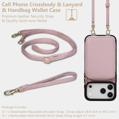 Keallce Case for iPhone 17 Pro Max 6.9'' Case Wallet, Crossbody Zipper Purse with RFID Blocking Card Slots Kickstand, Lanyard & Handstrap Flip Folio Leather Phone Cover for iPhone 17 Pro Max, Pink