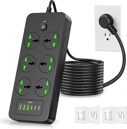 Power Strip with 6 Universal Outlets 3 USB 3 USB C Ports, 3.1A, Overload Protection, 3000w, 110-240v, International Power Adapter for Home Office Travel Essentials, US Flat Plug, Black