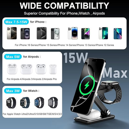 Wireless Charger 3 in 1,Foldable Wireless Charging Station for Apple MagSafe Charger,Aluminum Portable Magnetic Travel Charger Stand for iPhone,Watch,Aipods (with 20W Adapter & Case)