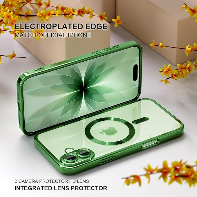 Misea Magnetic for iPhone 17 Case Compatible with MagSafe [Never Yellowing] [Military Grade Drop Protection] Full Camera Lens Protector Plating Soft Clear Phone Case for Women, Green