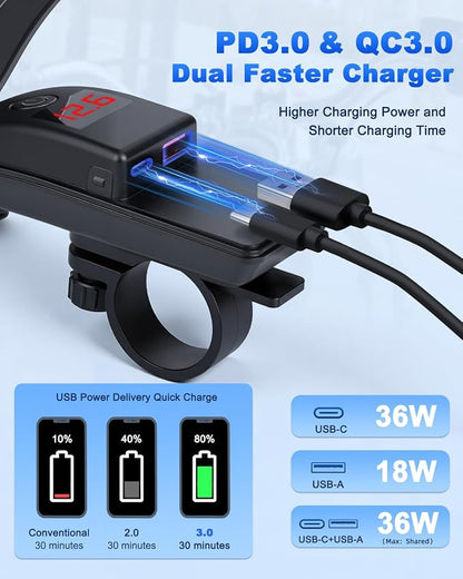 EXTRACTME Motorcycle Phone Charger, 36W Dual USB Type C PD 3.0 & QC 3.0 Motorcycle USB Charger with Voltmeter & ON/Off Switch, Waterproof Fast Charging SAE to USB Adapter for Phone, Tablet, GPS, etc