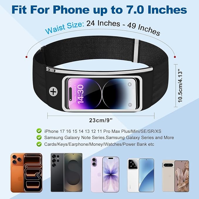 Running Belt Waist Packs with 3 Pockets Touchscreen Window for Women & Men Sweatproof Fitness Belt for iPhone 15 Pro Max 14 Pro Max 13 Pro 12 11 Fit Smartphone Up to 7"
