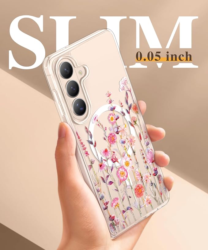 GVIEWIN for Samsung Galaxy S26 Plus Case Compatible with MagSafe, Clear Floral Shockproof Protective Women Phone Case, Non-Yellowing, Screen&Camera Lens Protector for S26 Plus 6.7",Floratopia/Orange