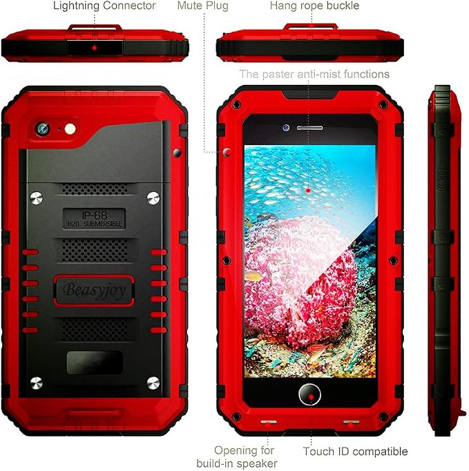 Beasyjoy for iPhone SE 2022/2020/ 8/7 Metal Case, Waterproof Heavy Duty Case with Screen Protector, Full Body Protection Military Grade Shockproof Defender Durable Sturdy Rugged Aluminum Case, Red
