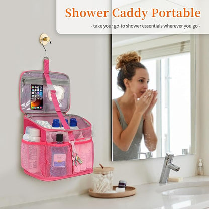 CUBETASTIC Shower Caddy Portable Mesh Shower Tote for Bathroom, Gym, Travel, Camping - Quick Dry Hanging Organizer Toiletry Bag with Handle for College Dorm Room, Men & Women (A# Hot Pink, 9.8")