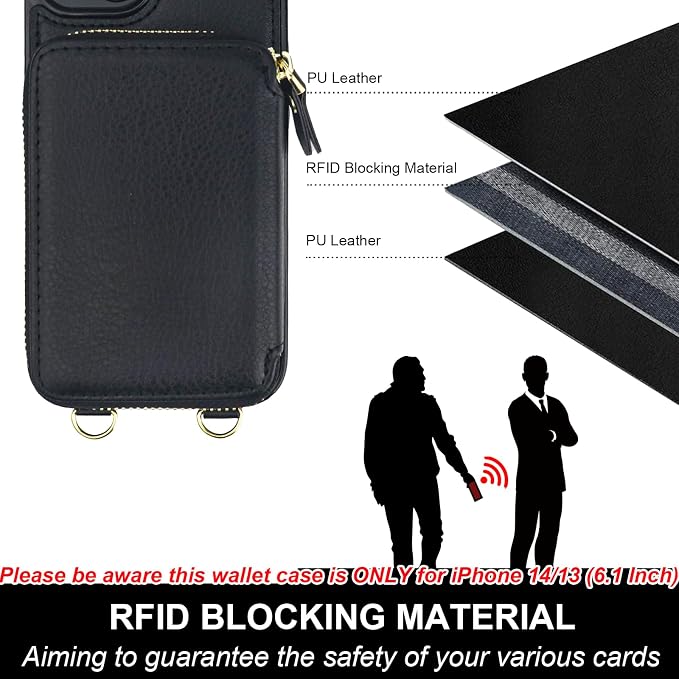 Bocasal for MagSafe Crossbody Wallet Case Compatible with iPhone 14 iPhone 13, RFID Blocking Protective Purse Case with Card Slots Holder Kickstand Wrist Strap Lanyard Zipper 6.1 Inch 5G (Black)