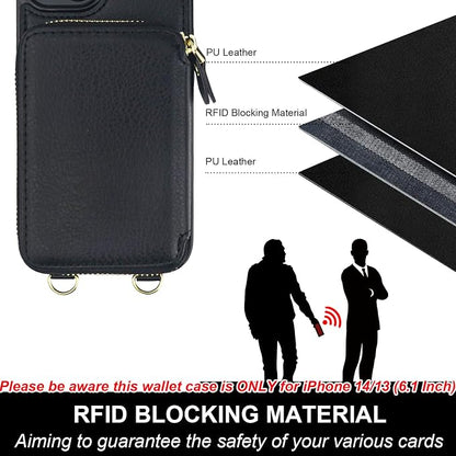 Bocasal for MagSafe Crossbody Wallet Case Compatible with iPhone 14 iPhone 13, RFID Blocking Protective Purse Case with Card Slots Holder Kickstand Wrist Strap Lanyard Zipper 6.1 Inch 5G (Black)