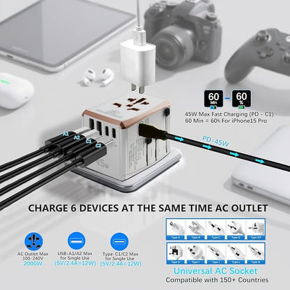 Universal Travel Adapter 45W with 5 Ports (3 USB-C, 2 USB-A) Worldwide Charger for USA, Europe, UK, Australia, Asia & 150+ Countries International Power Plug