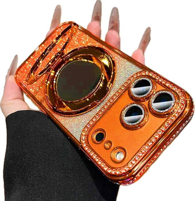 for iPhone 17 Pro Magnetic KickStand, [Compatible with Magsafe] Shockproof Glitter Makeup Mirror Ring Holder Camera Protector Girls Woman Cute Bling Phone Cover for iPhone 17 Pro 6.3", Orange