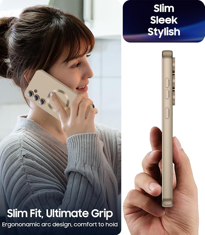 Magnetic for Samsung Galaxy S25 Case [Compatible with MagSafe][Built-in Camera Lens Protector] Slim Soft Silicone Bumper Shockproof Metallic Luster Phone Shell (Gold)