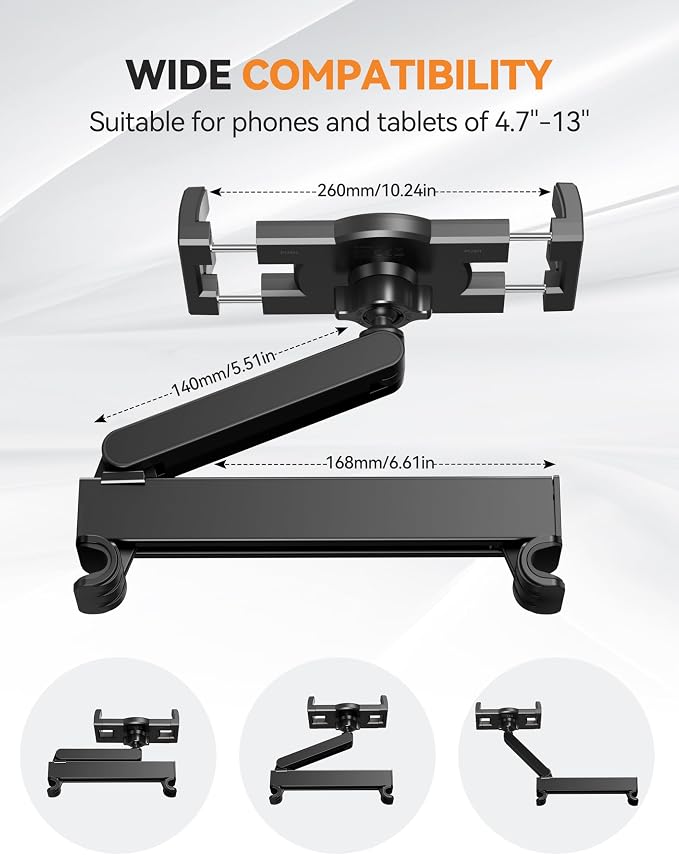 TECKNET Car Headrest Tablet Holder, ipad Car Holder Back Seat [3 in 1 Extension Arm], 360° Rotating Adjustable Road Trip Essentials for Kids,for 4.7-12.9" iPad Pro,Air,Mini,iPhone,Galaxy,Switch,Fire