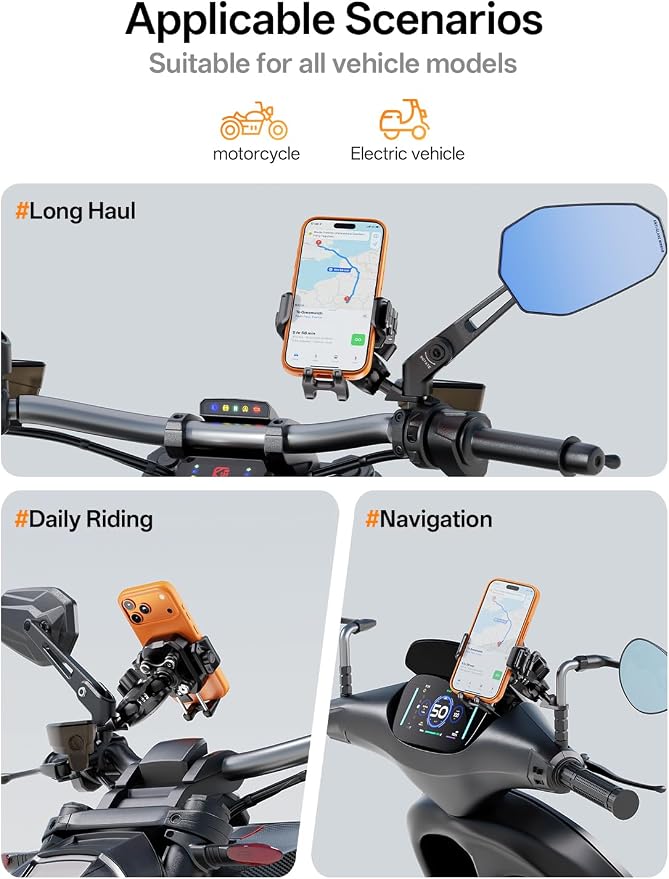 Kewig Motorcycle Phone Mount with Vibration Dampener [Anti-Theft] [Camera Friendly] Aluminum Alloy Rear-View Cellphone Holder for Motorcycle, Adjustable Size Fit 5.4-7.2" Smartphone