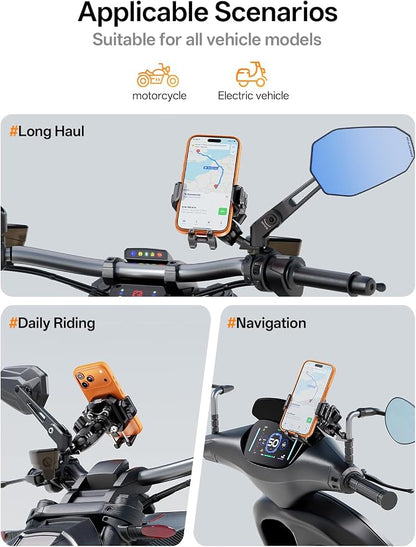 Kewig Motorcycle Phone Mount with Vibration Dampener [Anti-Theft] [Camera Friendly] Aluminum Alloy Rear-View Cellphone Holder for Motorcycle, Adjustable Size Fit 5.4-7.2" Smartphone