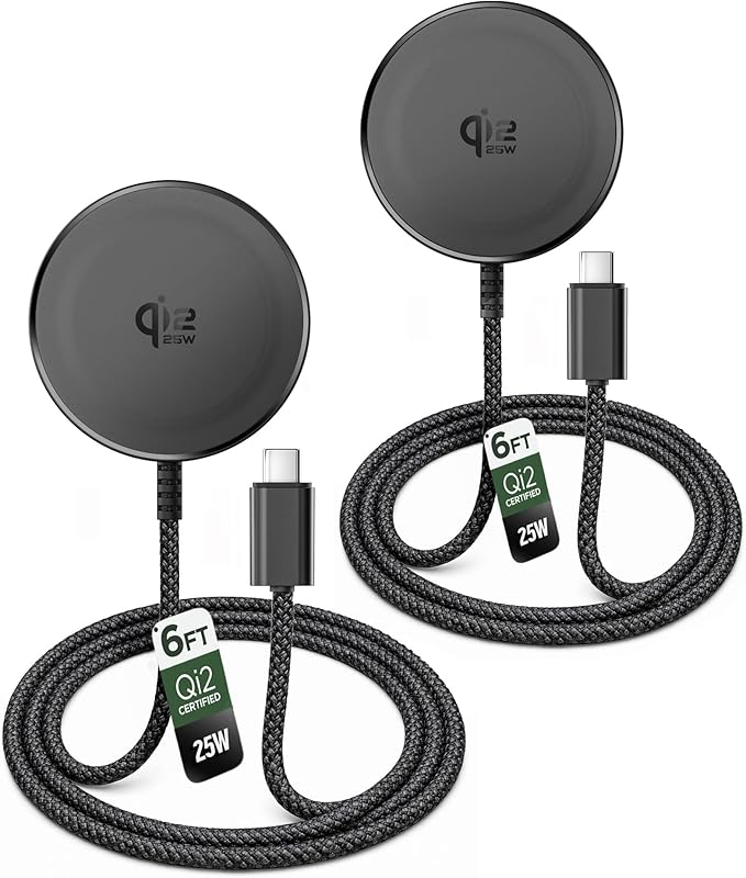 Galvanox Qi2.2 Certified 25W Magnetic Wireless Charger for Samsung (2-Pack), Fast Charging 2.0 for Galaxy S25, S26 Ultra, Android and iPhone Models, Compatible with MagSafe, Black (6Ft)