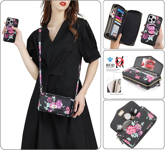 Crossbody Wallet Case for iPhone 16 Pro Max, Magnetic Detachable Floral PU Leather Phone Case with RFID Blocking Card Holder Wristlet Mirror Flip Zipper Shoulder Purse for Women - Black F