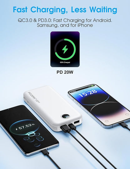 Portable Phone Charger, 10000mAh PD20W Fast Charging Power Bank with Built-in Cables & Wall Plug, External Battery Bank with LED Display, Travel Essential Battery Pack for iPhone, iPad, Samsung White