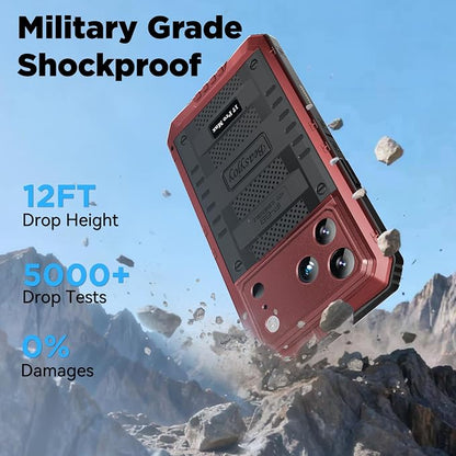 Beasyjoy for iPhone 17 Pro Max Case Waterproof, Heavy Duty Metal Case with Built-in Screen Protector, Full Body Rugged Military Grade Shockproof Dustproof Cover for Construction Outdoor 6.9", Red