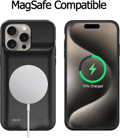 Battery Case for iPhone 15 Pro Max, [12000mAh] Enhanced Portable Protective Qi Wireless Charger Case Battery Pack with CarPlay Wireless Charging Case Compatible for iPhone 15 Pro Max (6.7 inch)-Black