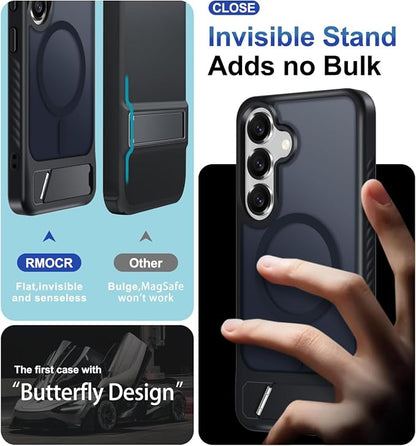 RMOCR for Samsung Galaxy S25 Plus Case with Screen Protector+Lanyard Wrist Strap,Magnetic Translucent Matte Rugged Slim Phone Cover Built in Invisible Kickstand [Fit for MagSafe],2025 Black