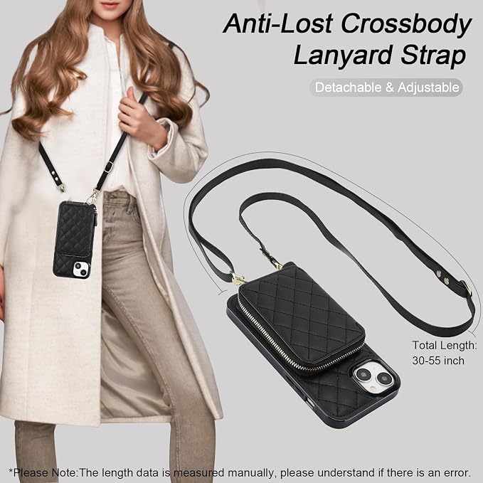 Bocasal Crossbody Wallet Case for iPhone 15 Plus, RFID Blocking PU Leather Zipper Handbag Purse Flip Cover, Kickstand Folio Case with Card Slots Holder Wrist Strap Lanyard 5G 6.7 Inch (Black)