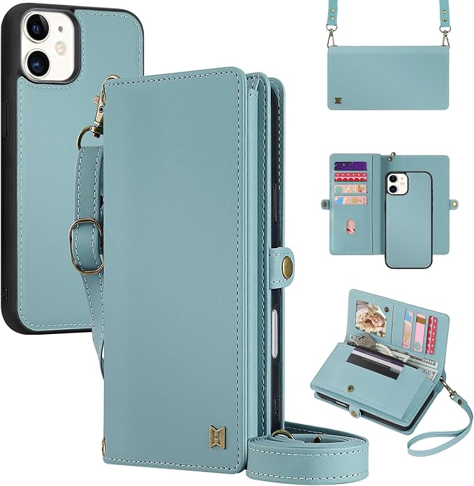 for Wallet Case Compatible with iPhone 11,Multi-Function Detachable 2 in 1 Magnetic iPhone 11 Case Wallet,Flip Strap Zipper Card Holder Phone Case with Shoulder Straps (Blue)