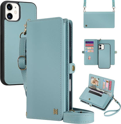 for Wallet Case Compatible with iPhone 11,Multi-Function Detachable 2 in 1 Magnetic iPhone 11 Case Wallet,Flip Strap Zipper Card Holder Phone Case with Shoulder Straps (Blue)