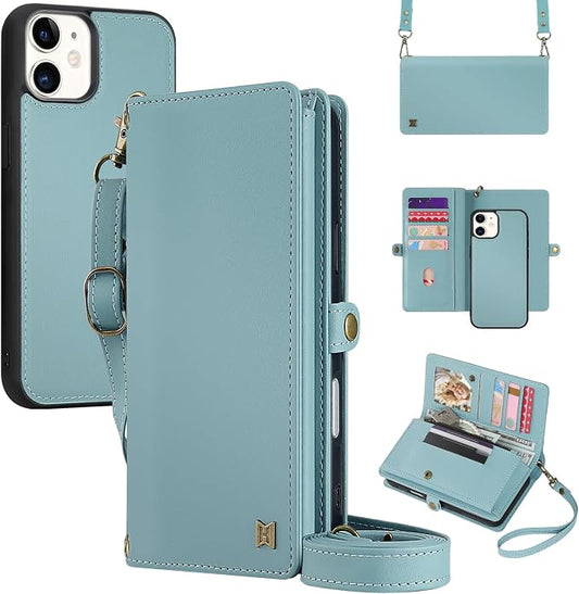for Wallet Case Compatible with iPhone 11,Multi-Function Detachable 2 in 1 Magnetic iPhone 11 Case Wallet,Flip Strap Zipper Card Holder Phone Case with Shoulder Straps (Blue)