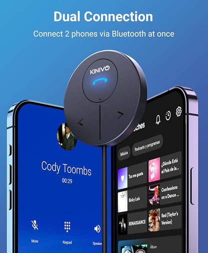 Kinivo BTC480 Aux Car Adapter (Bluetooth Car Kit with 3.5mm Port, Dual Phone Connection, Magnetic Mount, Dual-Port USB Charger, BT Wireless Reciever) Plug & Play for Hands-Free Calls, Stereo Audio
