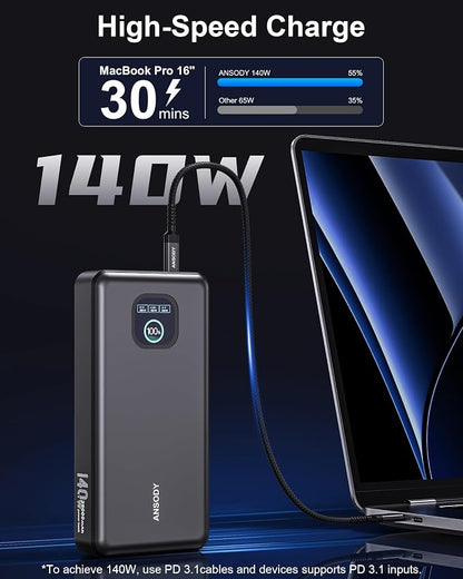 140W Power Bank, 25000mAh Laptop Portable Charger with Smart Digital Display, PD3.1 Fast Charging Battery Pack for MacBook Dell XPS iPad Tablet Steam Deck iPhone 17-12 Series Samsung Switch and More