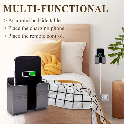 2 Pcs Wall Mount Phone Holder with 3M Adhesive Phone Stand with Data Cable Receiving Hole, Charger Remote Control Storage Box for Bedroom, Kitchen, Bathroom, Office (Gray)