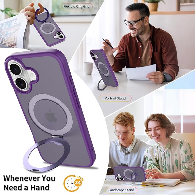 Ultra-Magnetic Stand for iPhone 17 Case [Military Drop Protection] [Compatible with MagSafe] Shockproof Translucent Matte Slim Ring Holder Case for iPhone 17 (Purple)