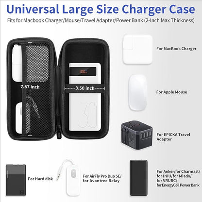 iMangoo Travel Essential Electronics Organizer Pouch Charger Case, Shockproof Dual Zipper Power Bank Cables Tech Accessories Purse, Men & Women Travel Must Have Storage Bag, 8.5x4.5x2 inch Fiber Black