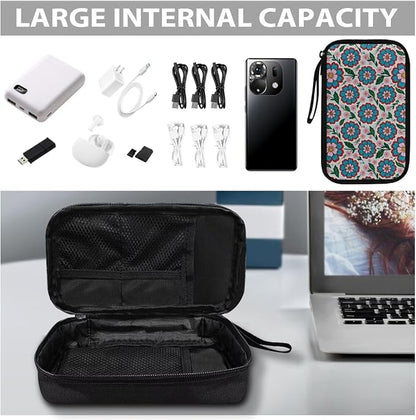 Blue Flowers Electronics Case Portable Electronic Accessories Carry Case Tech Pouch for Cable Cord Charger Phone Earphone Power Bank SD Card Travel Use