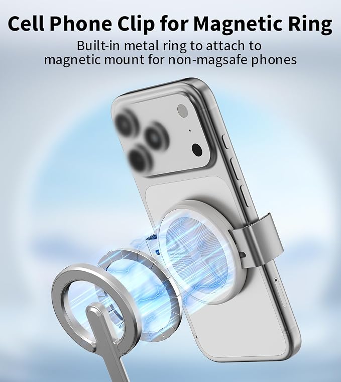 TONEOF Phone Clamp for Magnet with Metal Ring,Phone Mount Adapter for Magsafe Car Phone Holder,Quick Installation & Easy Removal Clip for All Phones/Magnetic Tripod/Magnet Mounts (Beige Gray,1 Pack)