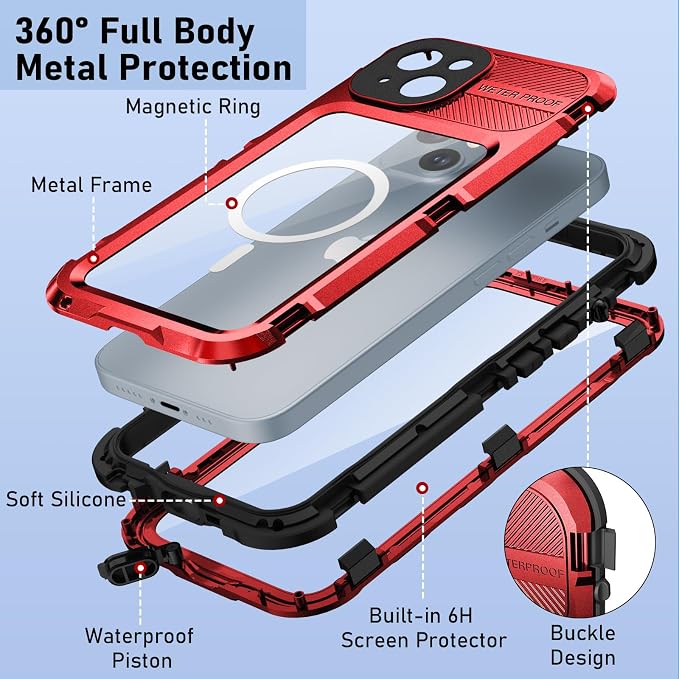 WIFORT for iPhone 15 Plus Waterproof Case - Built-in [Screen Protector][IP68 Water Proof][14FT Military Grade Shockproof], Rugged Metal Full Body Aluminum Protective Drop Protection Cover, 6.7" Red