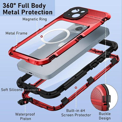 WIFORT for iPhone 15 Plus Waterproof Case - Built-in [Screen Protector][IP68 Water Proof][14FT Military Grade Shockproof], Rugged Metal Full Body Aluminum Protective Drop Protection Cover, 6.7" Red