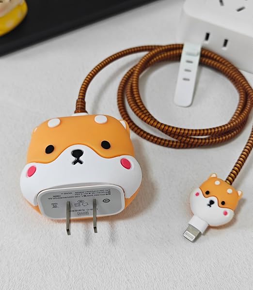 Compatible with iPhone 18W/20W USB-C Charger Protector Cover, 3D Cute Cartoon Charger Case for Apple iPhone 20W USB-C Power Adapter and Lightning Cable Protective Wire Saver (Cute Shiba Inu)