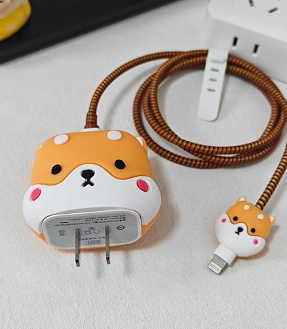 Compatible with iPhone 18W/20W USB-C Charger Protector Cover, 3D Cute Cartoon Charger Case for Apple iPhone 20W USB-C Power Adapter and Lightning Cable Protective Wire Saver (Cute Shiba Inu)