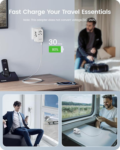 LENCENT 140W International Travel Adapter, GaN Universal Travel Adapter | with 1 USB-A & 3 Type C Power Converter, Fast Charger for Phone,Laptops, Worldwide Plug Outlet for USA/UK/EU/AUS, White
