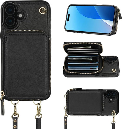 Bocasal Crossbody Wallet Case for iPhone 16 Plus, RFID Blocking Leather Purse Case with Card Holder, Protective Handbag Flip Cover with Zipper Wrist Strap Lanyard for Women 5G 6.7 Inch (Black)