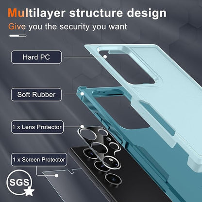 RMOCR Case for Samsung Galaxy S25 Ultra, Full Body Heavy Duty Rugged Shockproof Protective Phone Cover with Lanyard Strap, Tempered Glass Screen Protector and Camera Lens Cover, Mint Green