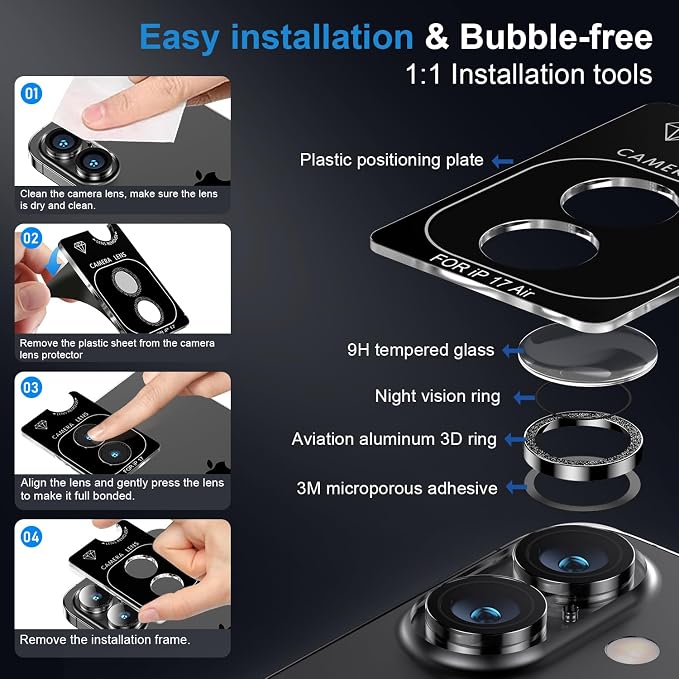 AFARER Camera Lens Protector for iPhone 17/16/16Plus,Individual 9H Tempered Glass, Bling Metal Ring, HD Clear & Case Friendly [Strong Adsorption] [Does not Affect Night Shots](Glitter Purple)