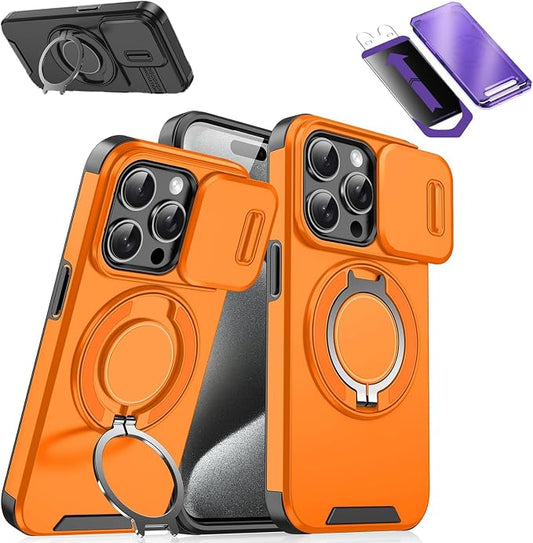 2026 New Case with Slide Camera Cover & 360° Rotatable Ring Kickstand, Free Tempered Glass Screen Protector for iPhone 11-17 Series (Orange,12 Pro)