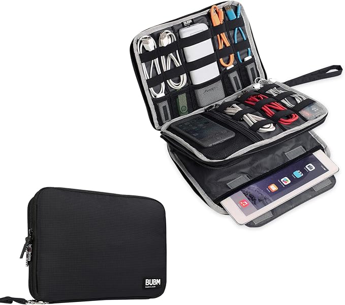 BUBM Double Layer Electronics Organizer/Travel Gadget Bag For Cables,Memory Cards,Flash Hard Drive and More,Fit For iPad Or Tablet(Up To 9.7")--Large, Black | Travel Gadget Bag For Cables, Memory Cards, Flash Hard Drive and More, Fit For iPad or Tablet...