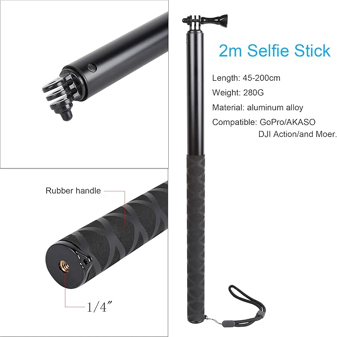 79inch Long Selfie Stick for GoPro 13/12 11 10 9 8 7 6 5 Blcak 4 Silver Go Pro Max Session, DJI Osmo Action 5 4 3 2,AKASO,Insta360 One RS R Cameras, 45-200cm Extendable Pole Monopod