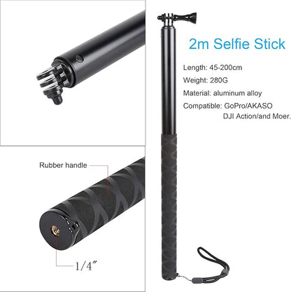 79inch Long Selfie Stick for GoPro 13/12 11 10 9 8 7 6 5 Blcak 4 Silver Go Pro Max Session, DJI Osmo Action 5 4 3 2,AKASO,Insta360 One RS R Cameras, 45-200cm Extendable Pole Monopod