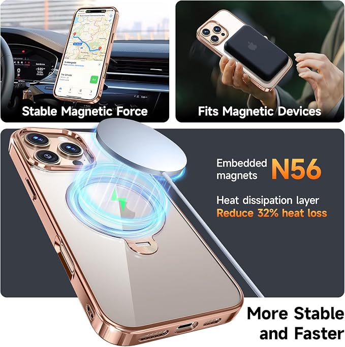 [Tri-Shield Protection] for iPhone 16 Pro Case with 360° Spin Stand Compatible with MagSafe [Magnetic CD Ring] [Screen & Camera Lens Protector] Shockproof Plating Never-Yellowing, Desert Gold-6.3"