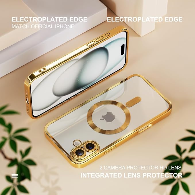 Misea Magnetic for iPhone 16 Case Compatible with MagSafe [Never Yellowing] [Military Grade Drop Protection] Full Camera Lens Protector Plating Soft Clear Phone Case for Women 6.1 inch, Gold