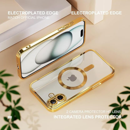 Misea Magnetic for iPhone 16 Case Compatible with MagSafe [Never Yellowing] [Military Grade Drop Protection] Full Camera Lens Protector Plating Soft Clear Phone Case for Women 6.1 inch, Gold